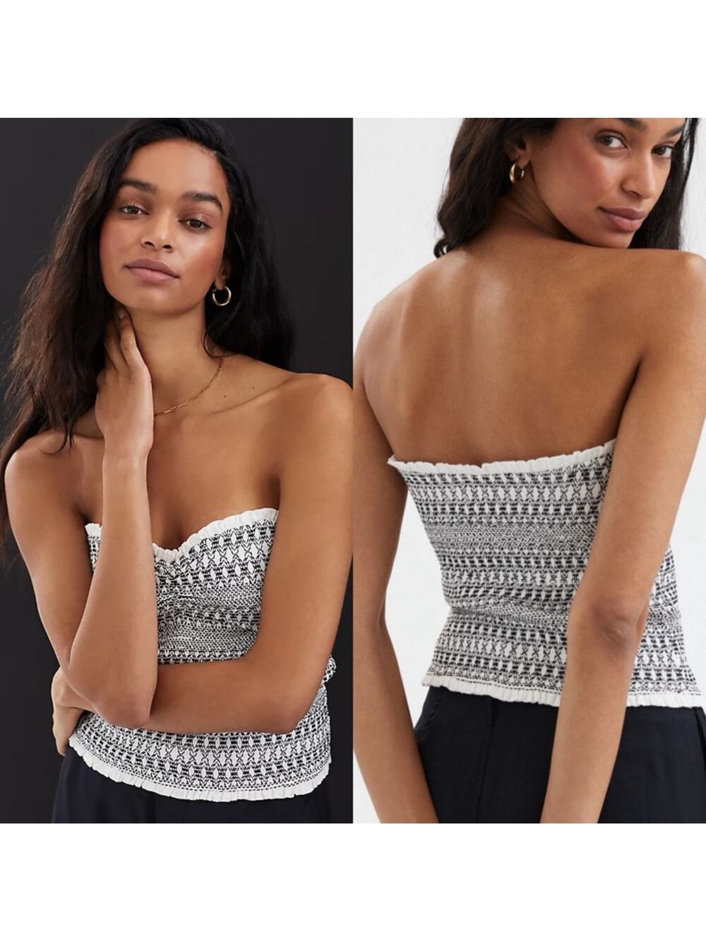Anthropologie Black & White Smocked Crochet Strapless Crop Top